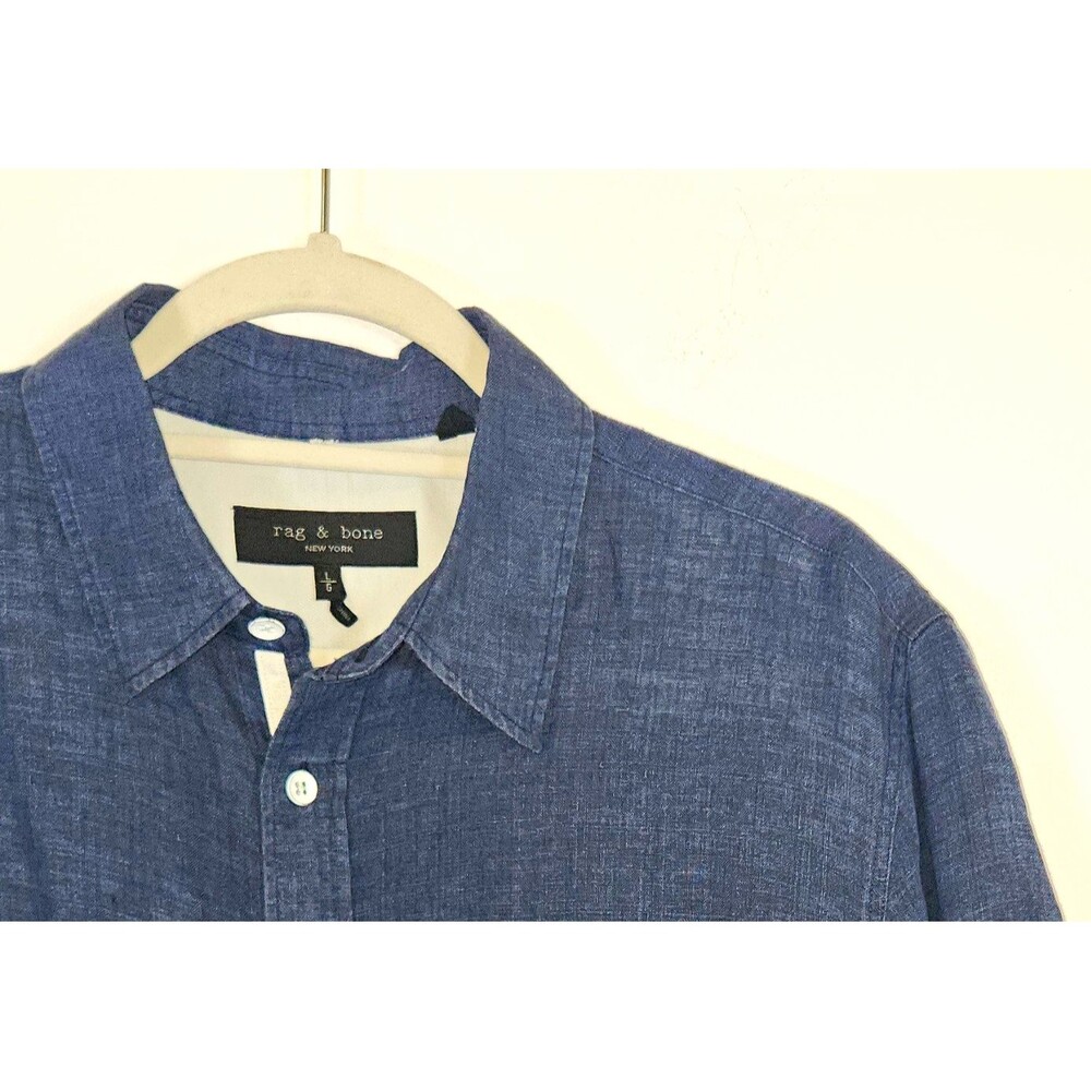 rag & bone Men's Blue Solid Linen Cotton Blend Short Sleeve Button-Up Shirt L